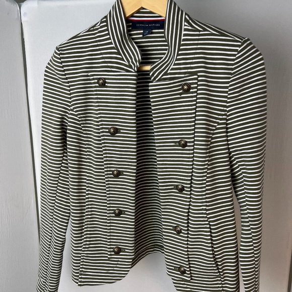 Tommy Hilfiger Green Striped Open Front Jacket Military Band Size S/P - Picture 1 of 6